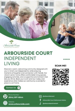 Arbourside Court flyer will intro about the residence,contact information and URLs for website, QR code to home page and social media.