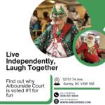 Featuring fun-loving residents and the words find out why Arbourside Court is voted #1 for fun as well as "live independently, laugh together".